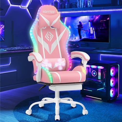 RGB Gaming Chair with Massage & Footrest Racing Style Computer Chair-Pink