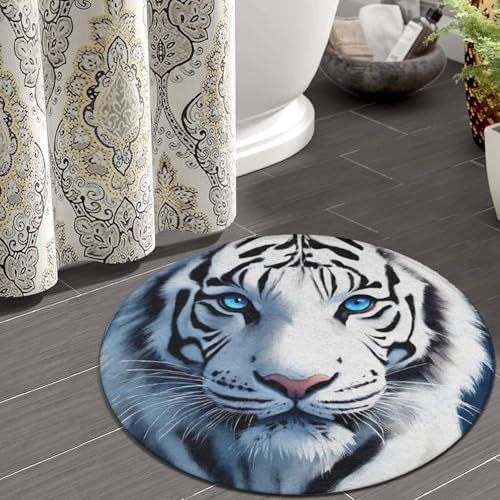 Large Home Decor Mat, Soft Round Yoga Carpet, Non Slip Machine Washable Home Office Circle Rug White Tiger Moon Starry Sky