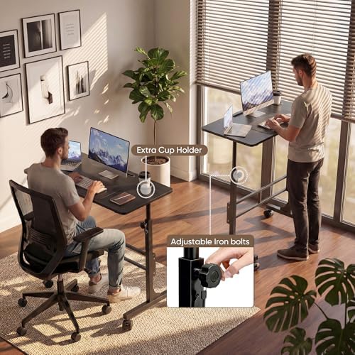 Furmax 31.4" Small Portable Standing Desk Height Adjustable with Lockable Wheels, Mobile Stand Laptop Computer Workstation for Walking Pad Treadmil (Black)