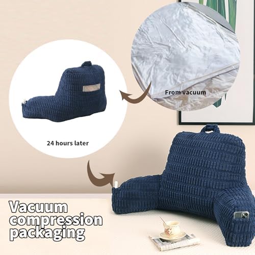 Large Reading Pillow for Sitting Up with Arms,Blue Corduroy