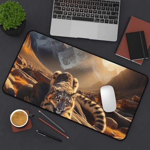 Snow Leopard Stretching on Sunlit Golden Rocks Desk Mat - Vibrant Colors Rubber Base Smooth Surface
