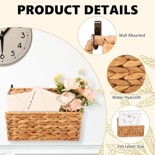 2 Pcs Woven Mail Holder Wall Mount Basket 9.25x1.57 Inch Rattan Wall Letter Holder Wicker Wall Basket Storage Water Hyacinth Hanging Storage Basket with Hooks for Mail Envelope Office