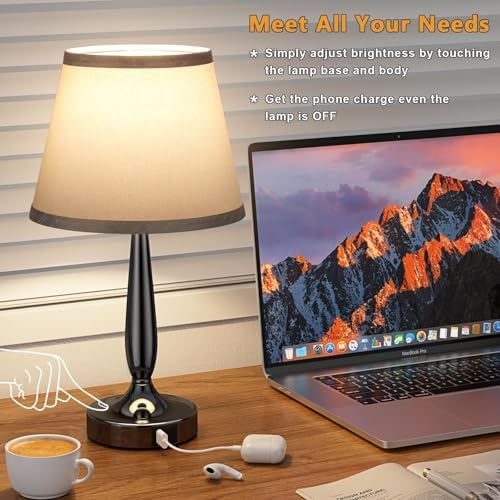 Kakanuo Touch Table Lamp for Bedroom Set, Small Bedside Lamps Set of 2 with USB C Charging Port, 3 Way Dimmable Touch Control Nightstand Lamps, LED Bulb Included