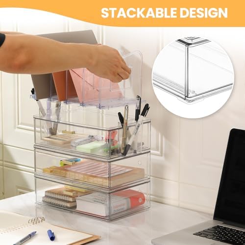 LALOBLUE Acrylic Desk Organizer with 4-Vertical File Holder Rack, 3-Clear Drawer and 2 Pen Holders, Desktop Storage for Office Desk Accessories School Classroom Organization (Clear)