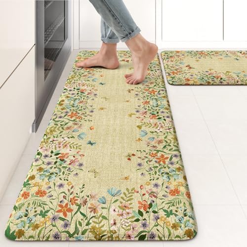 KIMODE Anti Fatigue Mats for Kitchen Floor,Brown Boho Butterfly Floral Rugs