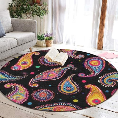 Home Decor Non Slip Kitchen Office Circle Rug, Machine Washable Modern Round Area Rug, Room Sofa Yoga Soft Round Carpet Colorful Paisley Art, 36inch