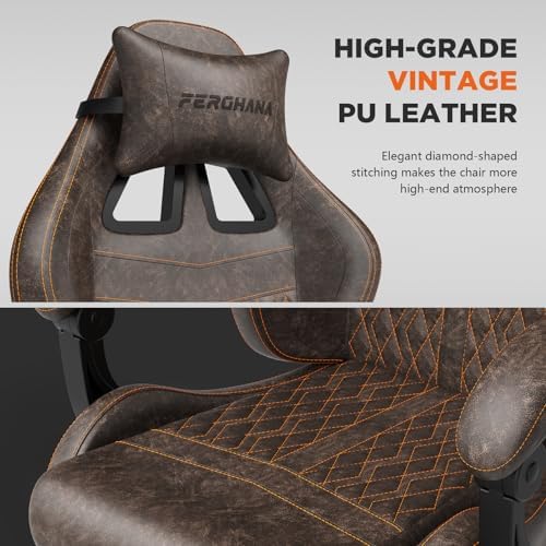 Ferghana Vintage PU Leather Gaming Chair, Ergonomic Reclining Racing Gamer Chair with Massage Lumbar Support, High Back Computer Office Chair with Footrest for Adults, Brown