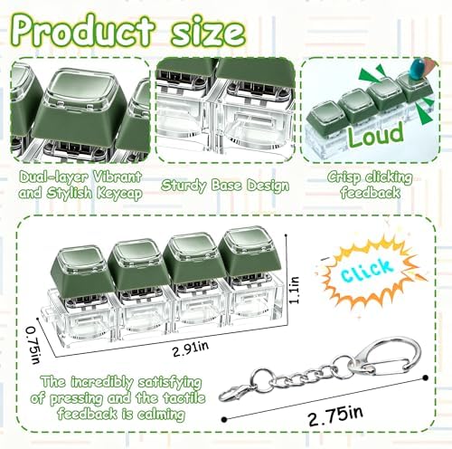 2 PCS Keyboard Fidget Toy, Double Layer Keycap Keyboard Fidget Keychain 4-in-1 Keyboard Decompression Button Finger Clicker Toys, Portable Tactile Button Sensory Fidget Toys Stress Relief Gifts（Green）