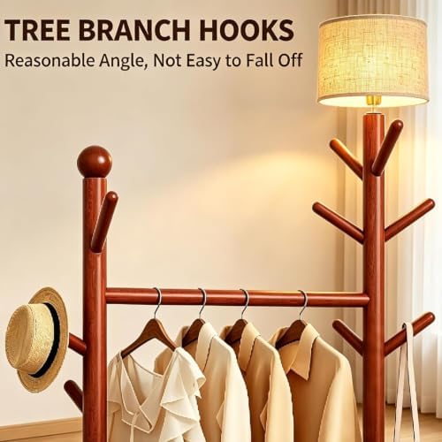 Wood Coat Rack Floor Lamp, Standing Lamp with Double Storage Shelves