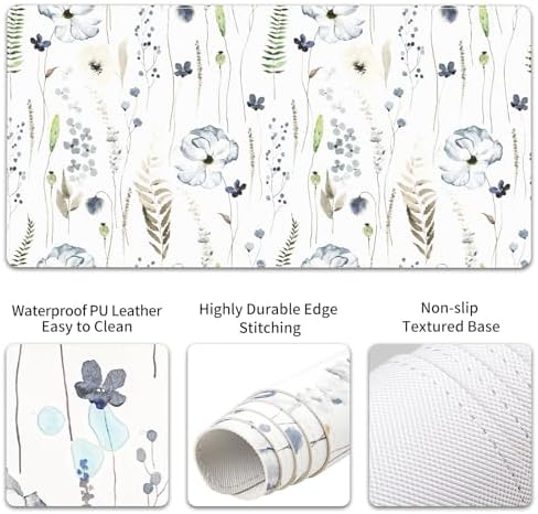 QiyI PU Leather Desk Mat Set, 4-in-1 Ergonomic Wrist Rest, Wildflowers
