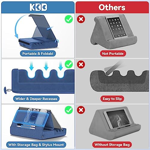 KDD Tablet Pillow Holder, Foldable iPad Stand for Lap, Bed and Desk -Tablet Soft Pad Dock with Pocket & Stylus Mount Compatible with iPad Pro 12.9, 10.5, 9.7 Air Mini 6 5 4 3, Galaxy Tab,E-Reader
