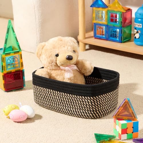 MiniArk Small Storage Baskets for Organizing | Closet Organizer Bins | Shelf Toy Basket | Woven Rope Baskets | Cube Decorative Box | Shallow Basket | 11.5x7.5x4.7” | 4 Packs Black Brown