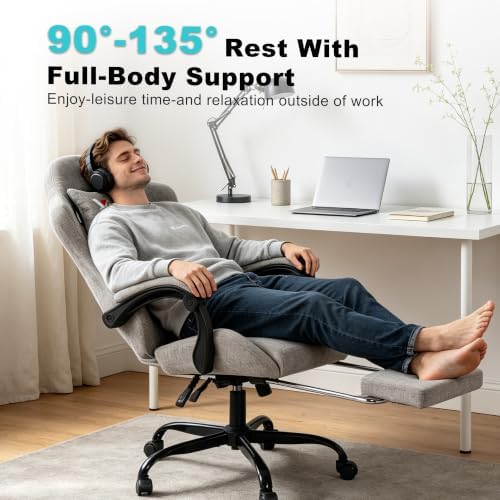 Fabric Gaming Chair for Adults, Ergonomic Computer Office Desk Chair with Footrest,Pocket Spring Cushion, Reclining High Back Silla Gamer for Home Office, Light Grey