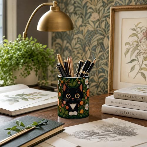 Pen Holder for Desk Ceramic Pencil Cup, Cute Makeup Brush Desk Organizer, Desk Accessories, School Supplies, Teacher Appreciation Gifts, Birthday Christmas Gift for Women (Black Cat)