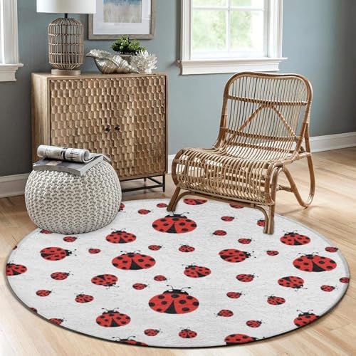 Room Sofa Yoga Soft Round Carpet, Home Decor Non Slip Kitchen Office Circle Rug, Machine Washable Modern Round Area Rug Ladybug Red Black Dots White