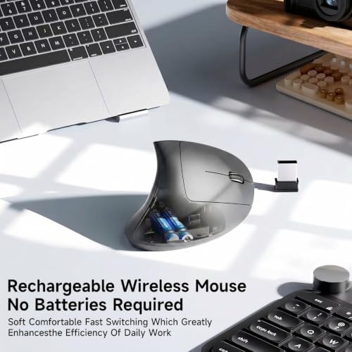 Ergonomic Vertical Wireless Mouse Stylish Rechargeable 2.4G Optical Mice Cordless Mouse with USB Receiver, 800/1200 /1600 DPI, 5 Buttons for Laptop,PC,Mac,Computer (Gray)