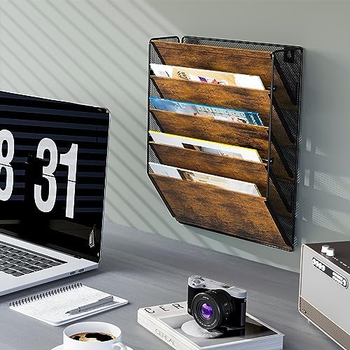 PAG-Mass Wall File Organizer for Office, 5-Tier Rustic Hanging File holder Wall Storage Rack for Documents/Magazine/Literature/File Folders/Mails/Envelopes, Brown