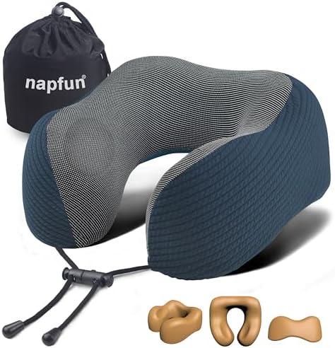 napfun Neck Pillow for Travel, Memory Foam Airplane Pillow, Deep Blue