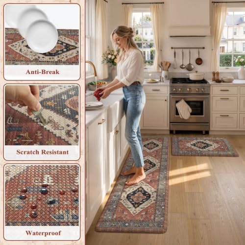 KIMODE Anti Fatigue Kitchen Mats for Floor 2 Piece, Farmhouse Kitchen Rugs, Non Slip Waterproof Kitchen Floor Mats, Memory Foam Standing Mats for Sink Laundry Office Desk Red 20"x71"+20"x32"
