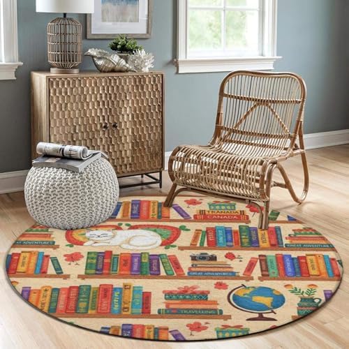 Large Home Decor Mat, Soft Round Yoga Carpet, Non-Slip Machine Washable Home Office Circle Rug Compatible with Sleeping Cat Library Bookshelf