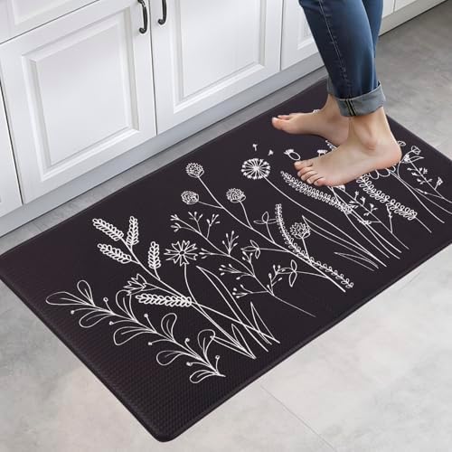 Mirok Washable Anti Fatigue Mat for Cushioned Floor Mats,Floral Plants Non-Skid Ergonomic Comfort Foam Rugs,Non Slip Kitchen Rug(Flowers/Grass,17"x29")