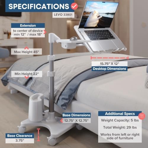 LEVO G2 Deluxe Rolling Laptop Stand with Mouse Tray, Silver & White