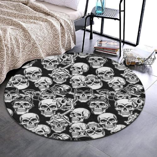 Men's Large Home Decor Mat, Soft Round Yoga Carpet, Non Slip Machine Washable Home Office Circle Rug Cool Funny Goth Skulls Art, 36inch