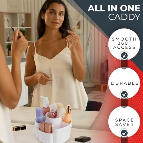 Masirs Small 360 Rotating Makeup Organizer, 5 Compartments, Round White