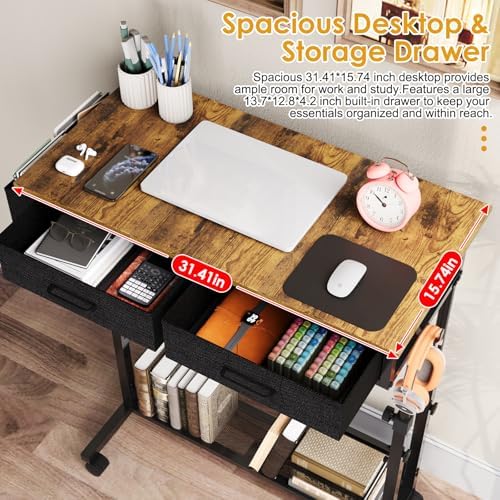 Small Rolling Standing Desk, Height Adjustable Mobile Sturdy Desk with 2 Fabric Drawers & Storage Shelf, Portable Sofa Side Laptop Table for Home Office, Small Spaces, 31.41"" x 15.74"", Rustic Brown