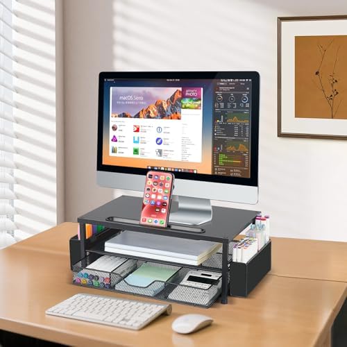AUPSEN Wood Computer Monitor Stand Riser, 2-Tier Black Desk Organizer with Drawer, Pen Storage & Phone Holder ，Office Desk Accessories Desktop Organizer for Office Supplies (Black)