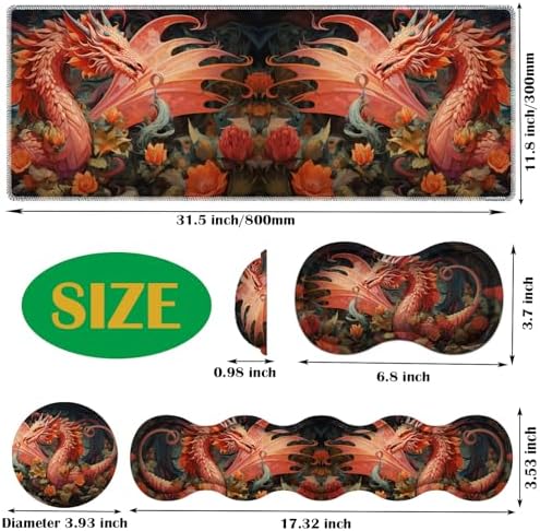 4 in 1 Mouse Pad Combo, Large Gaming Mouse Pad + Keyboard Wrist Support + Mouse Wrist Rest + Coaster, Table Pad with Stitched Edge Ergonomic Wrist Pad Set, Dragon