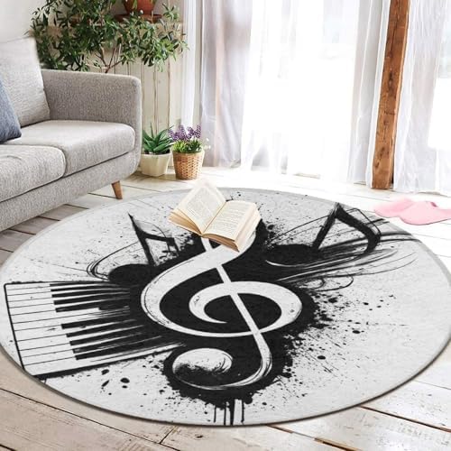 Women's Large Home Decor Mat, Soft Round Yoga Carpet, Non Slip Machine Washable Home Office Circle Rug Abstract Music Note Piano