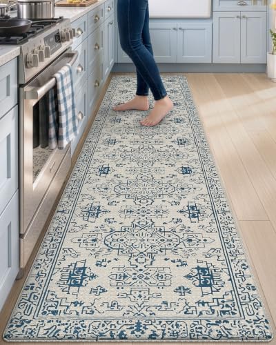 DEXI Kitchen Floor Mats Cushioned Anti Fatigue Runner Rug Blue and White