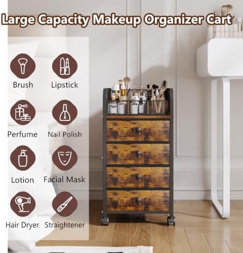 Rolling Makeup Organizer Cart - Under Desk Vanity Cart with 4 Drawers