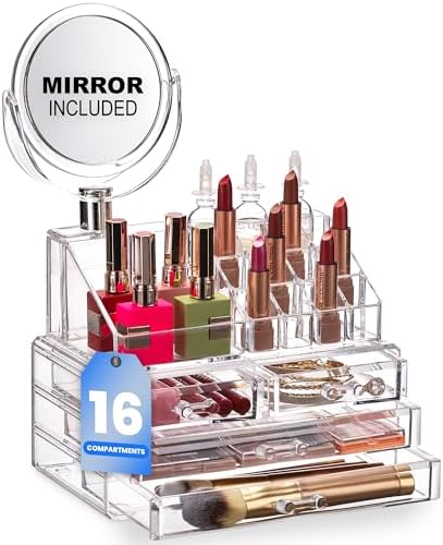 Masirs Clear Makeup Organizer with Mirror – 16-Compartment Cosmetic and Jewelry Holder, 4-Drawer Vanity Storage, Elegant Clear Design for Makeup and Accessories