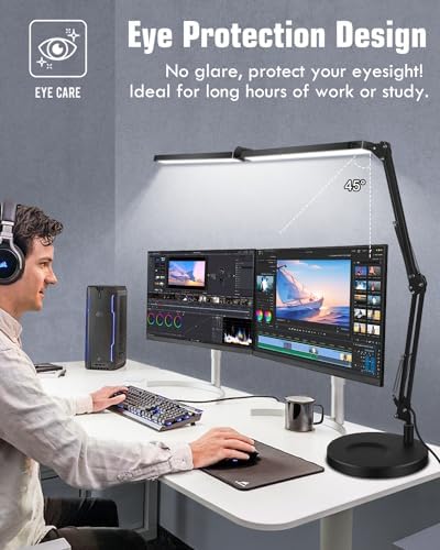 Toolour LED Desk Lamps for Home Office 2 in 1 Double Head Desk Lamp with Clamp Base,Remote Control,Dimmable Architect Clip on Desktop Computer Light Bar with Memory for Workbench Darkroom