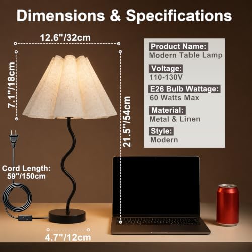 Pleated Table Lamp, Modern Bedside Lamp with Wavy Scalloped Shade (Black)