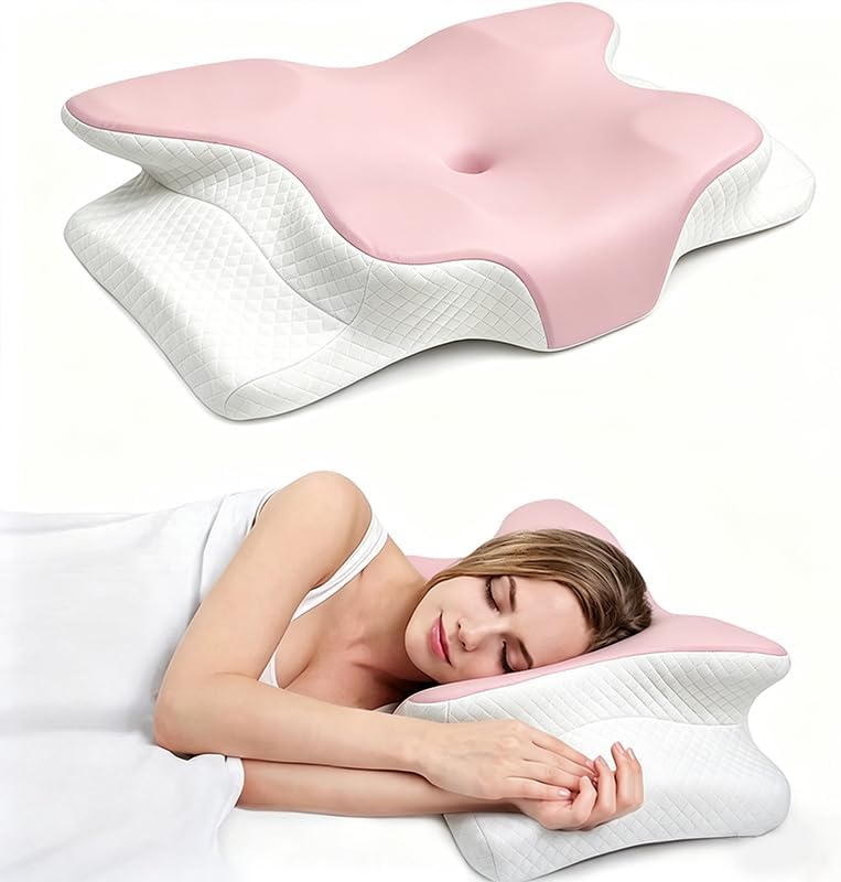 Cooling Neck Support Pillow, Adjustable Cervical Memory Foam for Pain Relief, Odorless Ergonomic Orthopedic Bed Pillows for Side Back Stomach Sleepers, Cozy Sleeping (Pink)