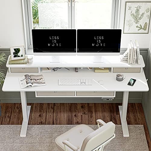 FEZIBO 60 x 30 inch Standing Electric Desk with Drawers, White