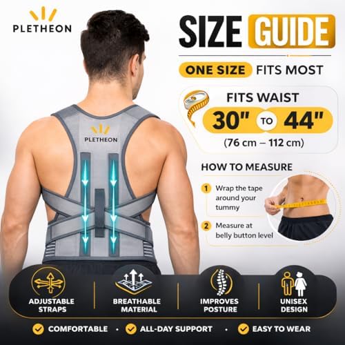 Posture Corrector for Men & Women by Plethon – Adjustable Back Brace, Clavicle Support & Upper Back Straightener for Better Sitting and Standing Posture, Fits 30–46 Inch Waist (Gray)