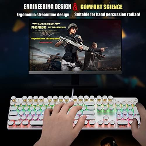 YSCP Typewriter Style Mechanical Gaming Keyboard Rainbow Backlit Wired with Blue Switch Retro Round Keycap 104 Keys Keyboard (L-White)