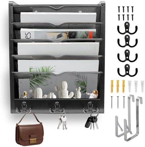 Multi-Purpose No-Assembly Hanging Wall File & Mail Organizer - 3 Pairs of Hooks, Fits Desk with Side Panel/Door-Mountable (Black)