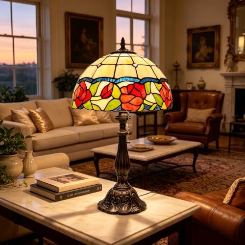 Tiffany Stained Glass Lamp Border Red Rose Table Lamp