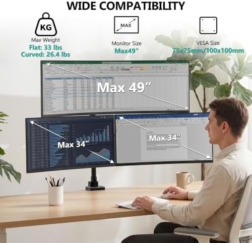 WALI Stacked Triple Monitor Mount for 49" UItrawides and Dual 34" Monitors