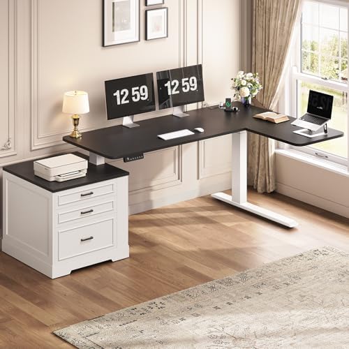 SEDETA Farmhouse L Shaped Electric Standing Desk, 70.9" x 39.4" Height Adjustable Office Executive Desk with 3 Drawers, Standing Computer Desks with Power Outlet for Home Office, White