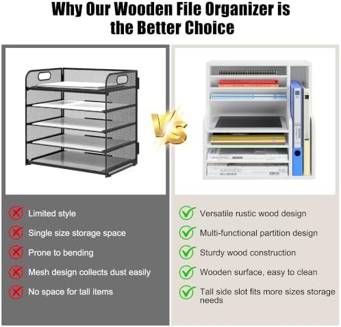 Wood Desktop File Holder Organizer Mail Sorter for File Folders, Mails, Envelopes or Magazines, 8 Compartments (White)