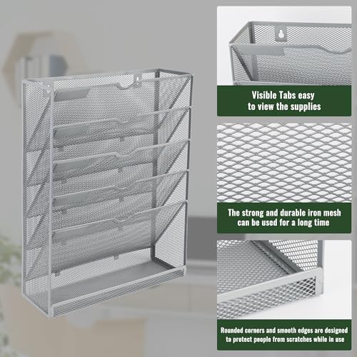 EASEPRES 6 Tier Mesh Hanging Wall File Organizer, Desk Vertical Mail Paper Document Folder Holder Rack with Bottom Tray and Nametag Label for Office Home School, Gray