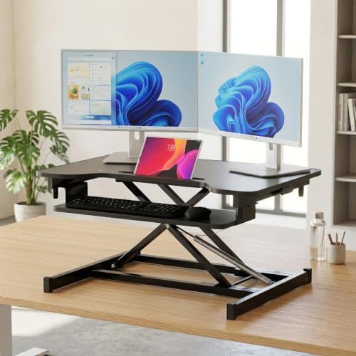 FDW Standing Desk Converter 32 inches Adjustable Height Stand Up Desk Computer Desk Workstation Steel Home Office Ergonomic Computer with Keyboard,Black