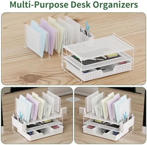 LEKETREE Desk Organizer, Office Organization with Vertical File Holder, File Organizer with Drawer and Pen Holder, Desk Accessories and Workspace Organizers for Home Office (White)