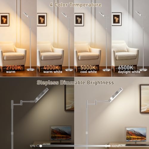 SIBRILLE LED Floor Lamp, 18W Adjustable Height Floor Lamp with Remote Control& 3 Color Temperatures, 350 Degree Swing Arms, Modern Dimmable Standing Lamp for Reading, Sewing and Craft, Brushed Nickel